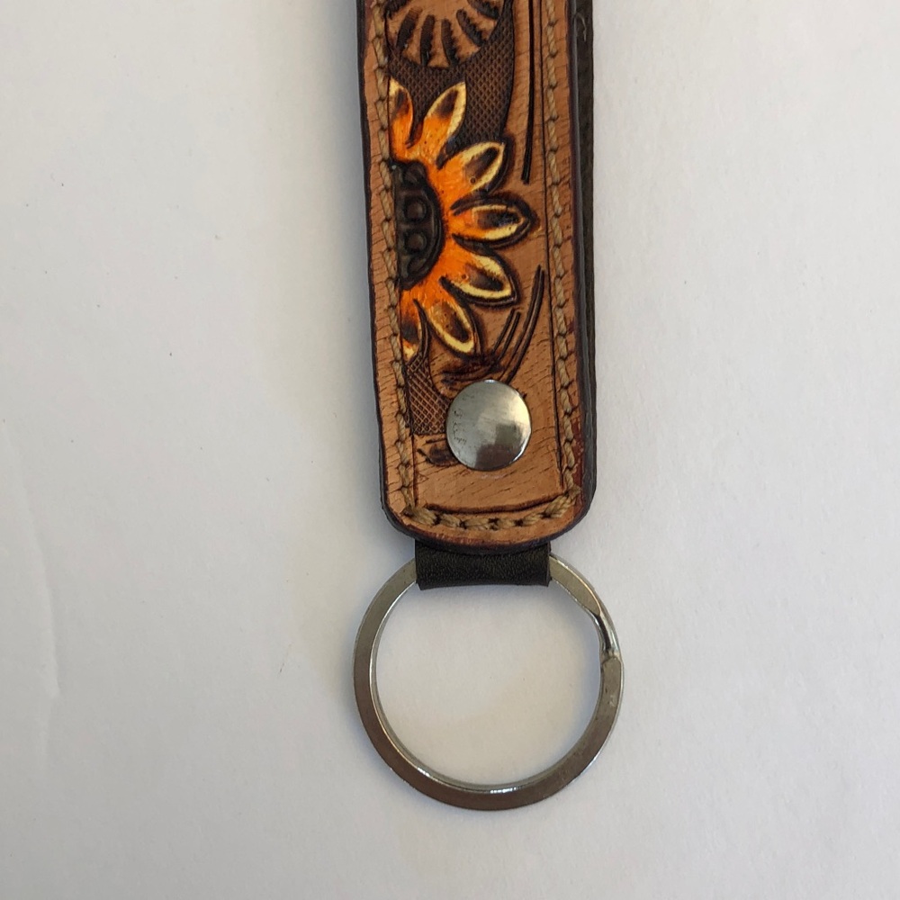 Tooled Leather Floral Keychain Wristlet  Wrist Lanyard - Brown & Orange NEW - Picture 5 of 6